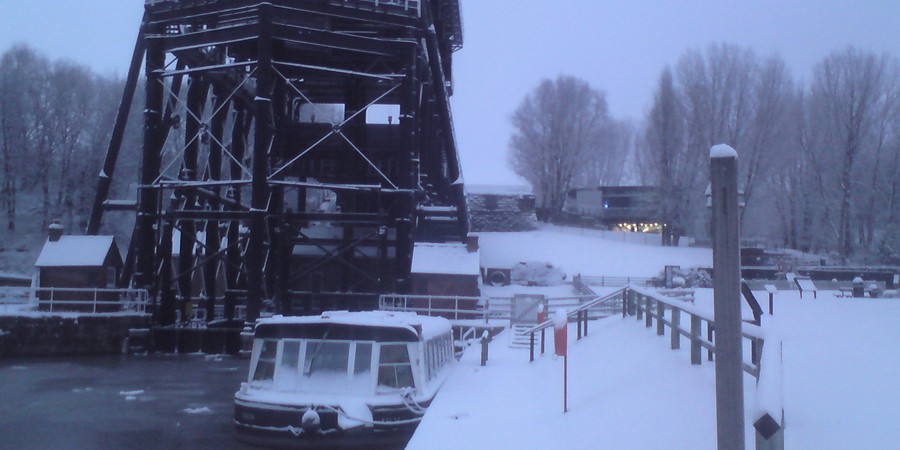 Anderton Boat Lift and surrounding area covered in snow