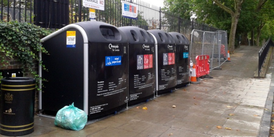 Recycling bins for boaters use in Little Venice, London