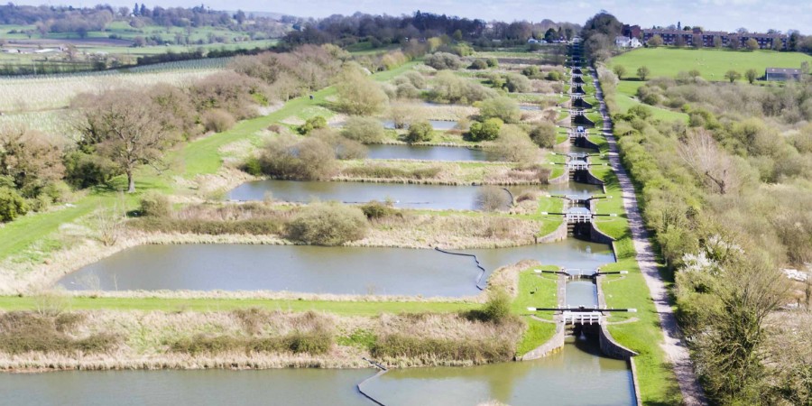 Aerial view of Caen Hill Locks and ponds