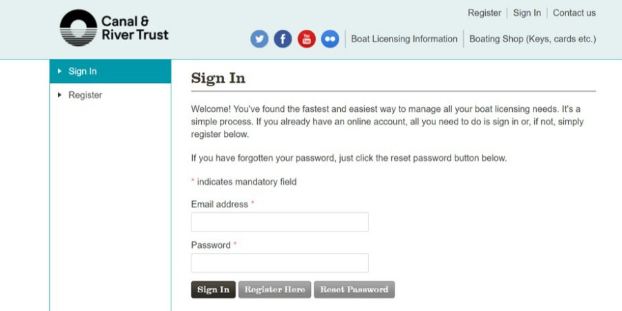 Boat licensing log in page