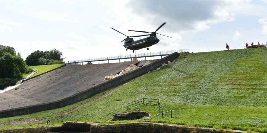 Toddbrook Reservoir: Helicopter over the slipway