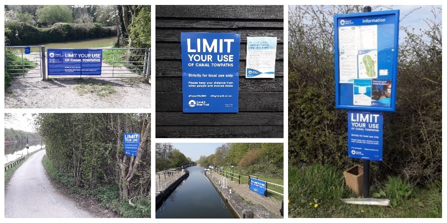 collage of signs of Limit your use of canal towpaths