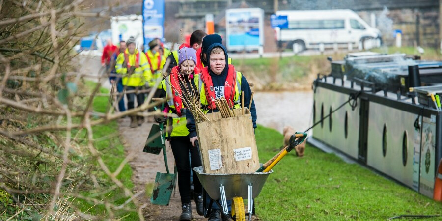 Group of young people on the canal planting trees