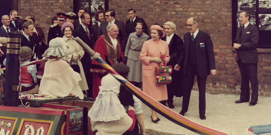 HRH Queen Elizabeth II being shown narrowboats at the Boat Museum by Dr David Owen, 2 November 1979