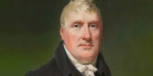 A painting of of a victorian man with a green background