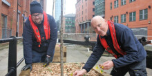 Two men planting flowers along the towpath