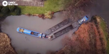 Aerial view of dredging craft on the canal