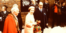 HRH Queen Elizabeth II with Dr David Owen at the Boat Museum, Ellesmere Port, 2 November 1979
